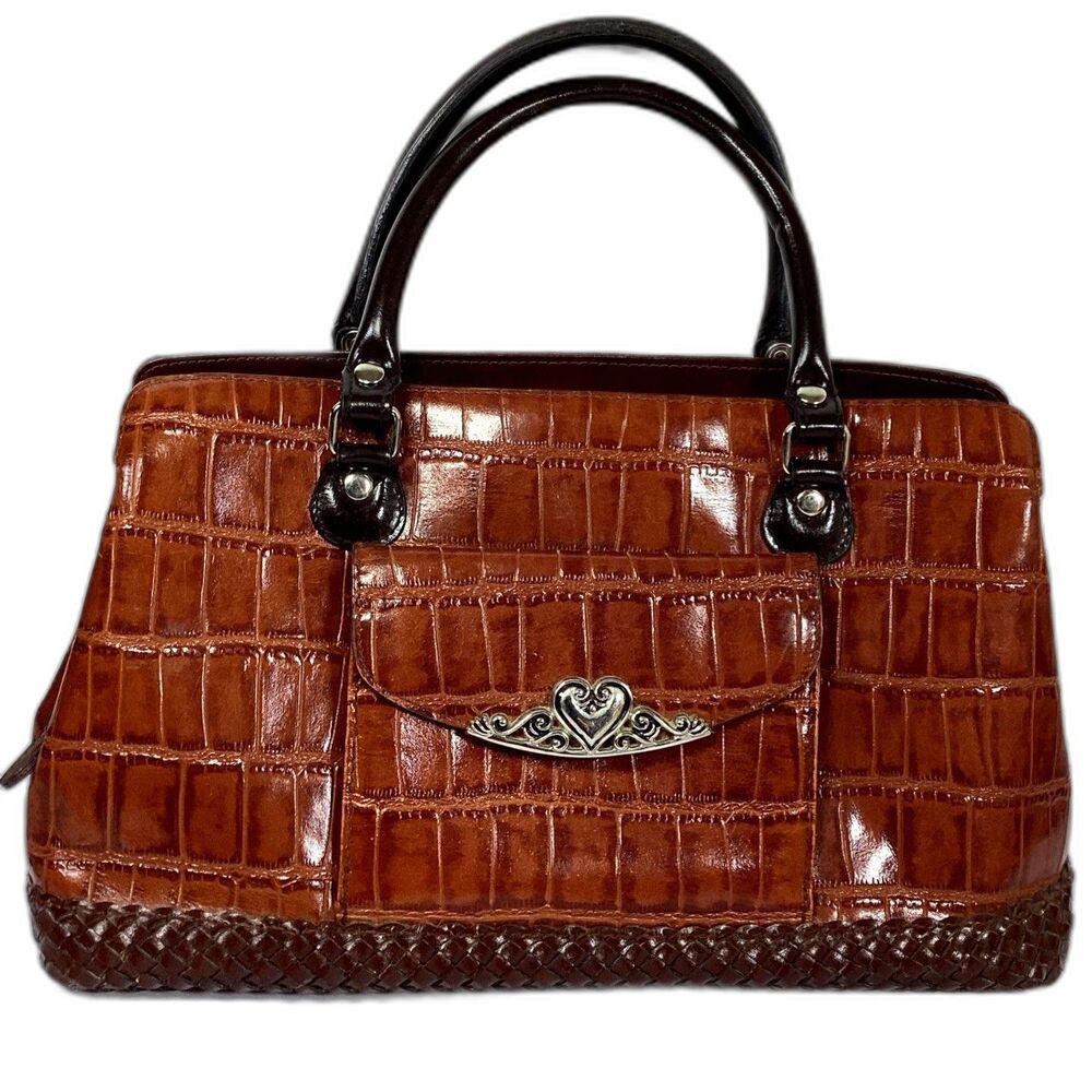 MC Brown Croc Embossed Faux Leather Purse Scroll Heart Clasp Shoulder Bag